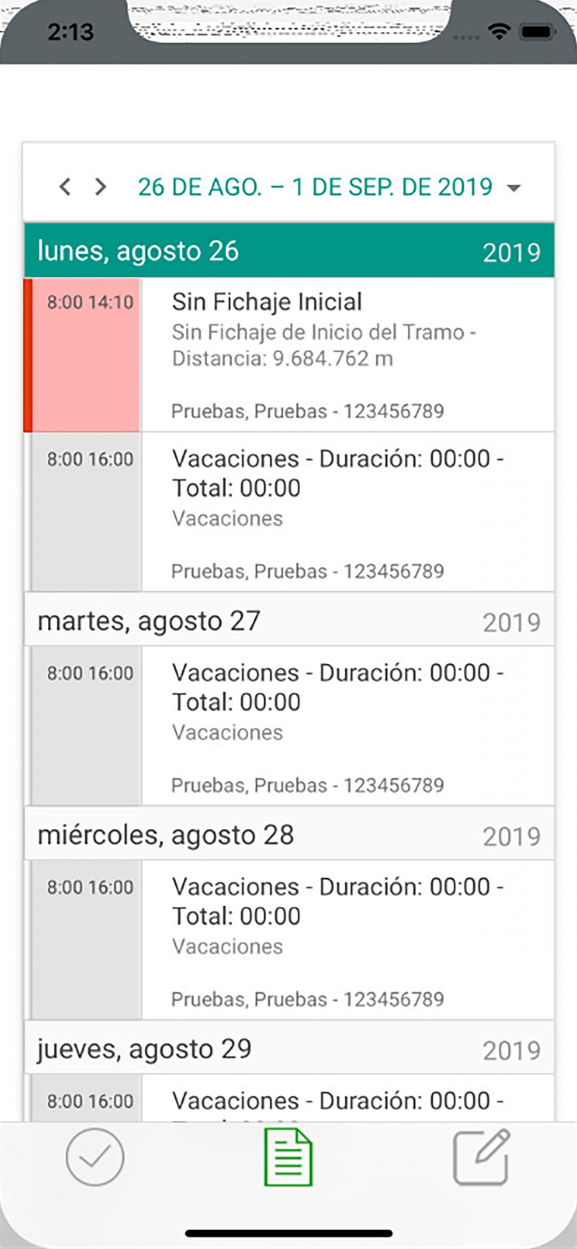 APP Control Horario. Informe de fichajes